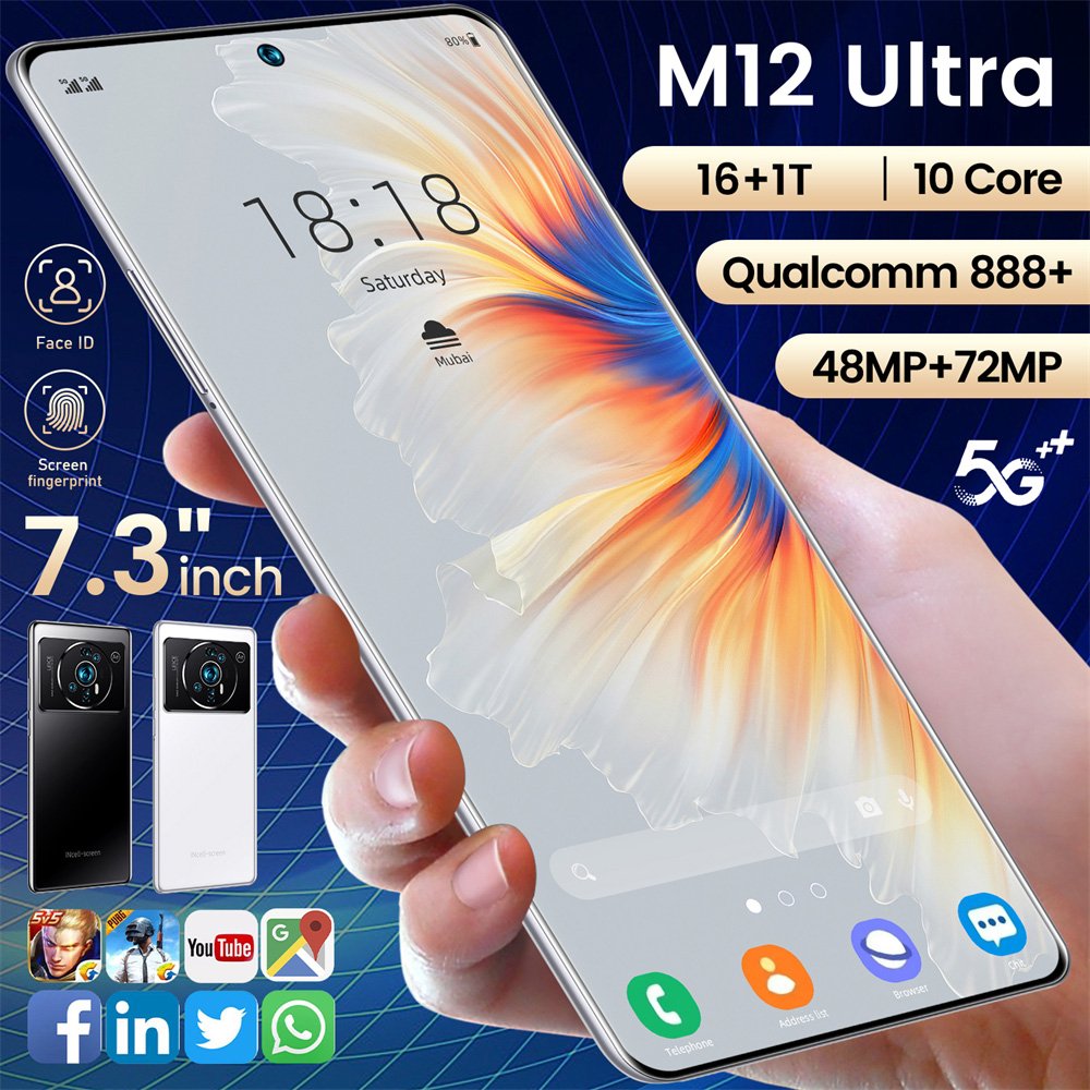 Foreign trade cross-border mobile phone M12 16+1TB large memory 7.3 inch large screen Android online gaming video smartphone
